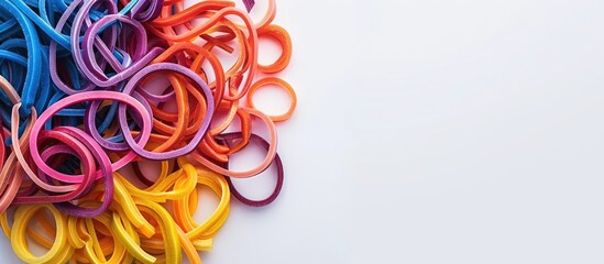 Rubber bands in various colors on a white backdrop, a hair accessory serving as a backdrop with space for adding text or other images. Copy space image. Place for adding text and design