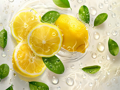 Ripe yellow lemons with water droplets. Neural network AI generated art