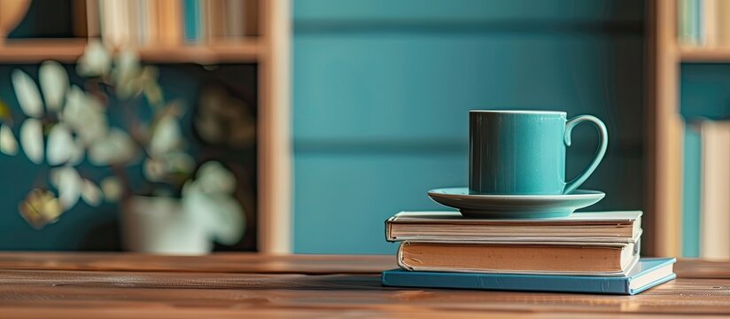 A stack of books, a coffee mug, and a notebook in a panoramic educational setting with room for a copy space image.