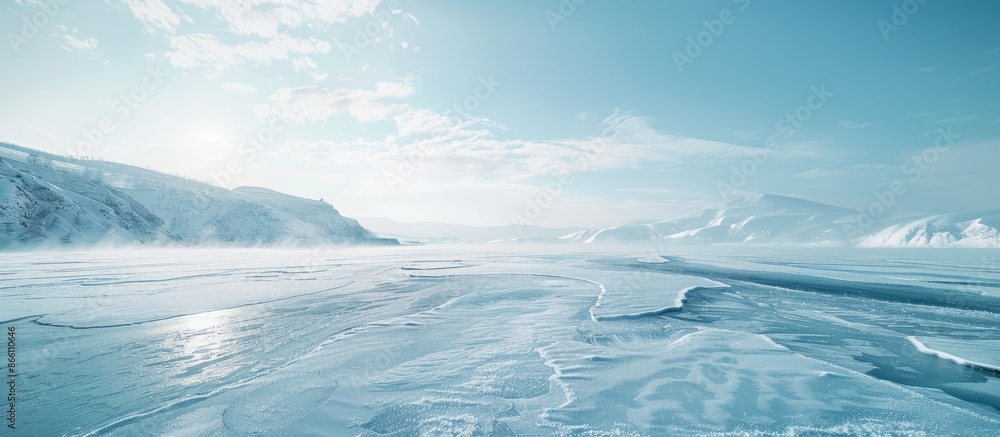 Poster blank mock-up of a unique white and blue winter background with a snowy texture on the ice of frozen