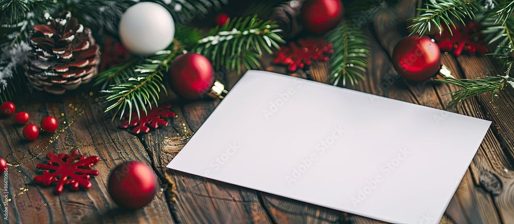 Poster a christmas-themed image with decorations and a white card for adding text or images, providing spac