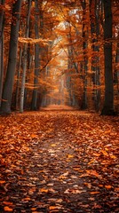 Vibrant Autumn Forest Pathway Covered in Fallen Leaves