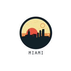 Miami skyline, downtown panorama logo, logotype. USA, Florida state round badge contour, isolated vector vintage pictogram with monuments, landmarks