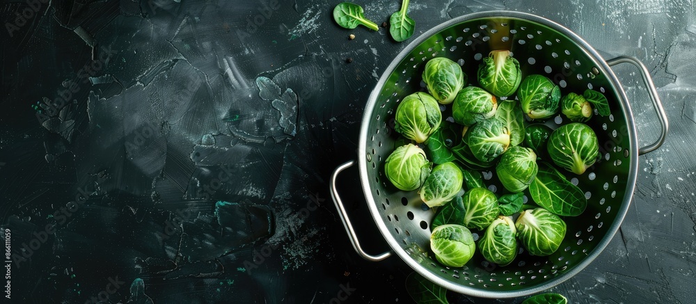 Poster top view of brussels sprouts and green cabbage in a colander against a black background with copy sp