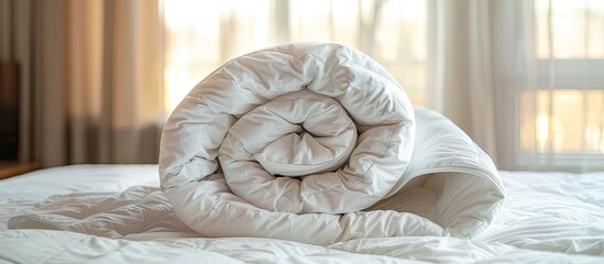 A white feather duvet neatly folded in a warm and cozy house, ideal for winter season preparations for home or hotel use with copy space image.