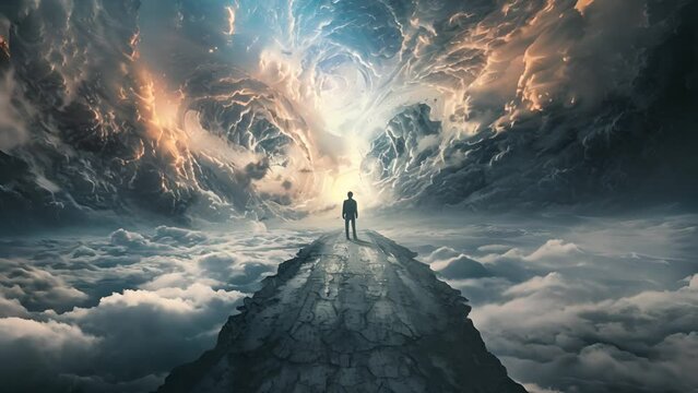 A person stands at Earth's edge, where it meets the swirling galaxy