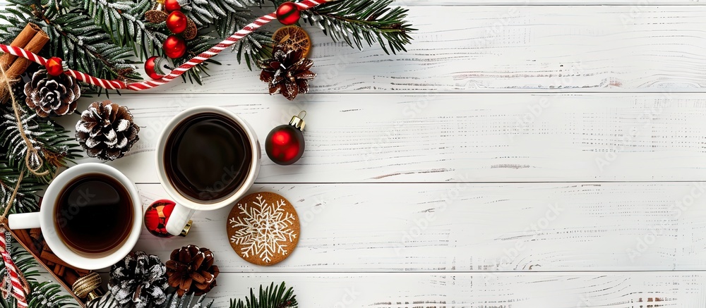 Poster top view of a festive scene featuring a christmas tree, coffee cup, and cookie on a white rustic woo