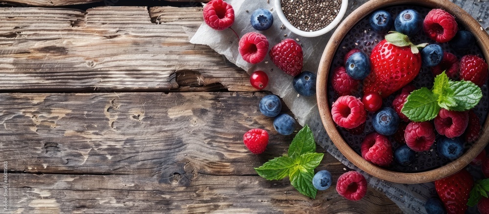 Poster chia seeds vanilla pudding and berries displayed on a natural wooden backdrop with space for text or