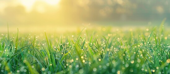 Obraz premium A scenic rural landscape showcasing dew-covered uncut green grass in soft morning light, perfect for nature-themed design projects. Ideal copy space image.