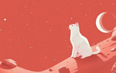 White cat sitting on a surreal red moonscape with stars and crescent moon in the background. Dreamy and celestial art illustration.