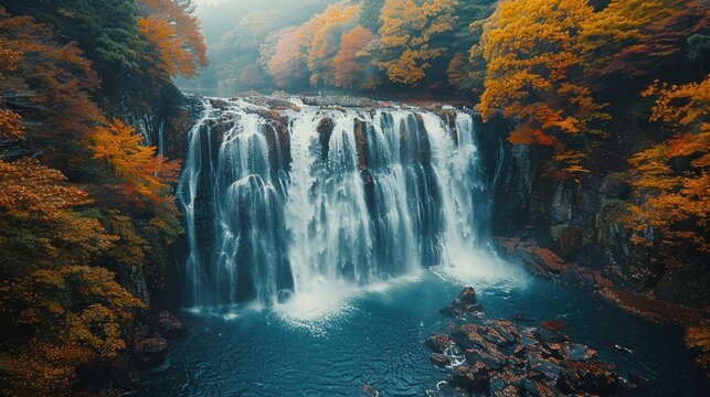 High-angle capture of the cascading waterfalls in Nachi, Wakayama