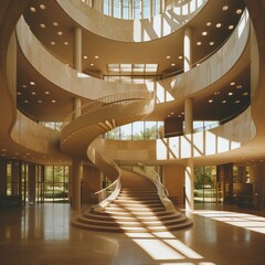 Modern circular building taken from below, with symmetrical composition and sunlight shining through large windows on both sides. The spiral staircase in front is in the style of beige exterior walls