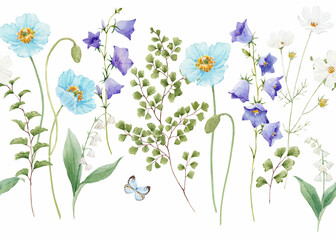 Beautiful horizontal summer floral seamless pattern with watercolor hand drawn flowers. Natural floral print. Stock illustration. Surface background and wallpaper design.