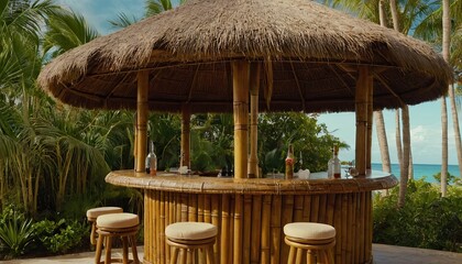 Fototapeta premium Visualize a tropical tiki bar with thatched roofs and bamboo accents serving exotic cocktails