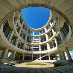 Fototapeta premium Photo of modern circular building, with symmetrical composition and diagonal layout, showing architectural details such as windows, balconies, columns, stairs, concrete walls, and blue sky background
