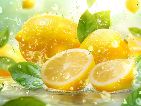 Ripe yellow lemons with water droplets. Neural network AI generated art