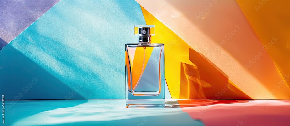 Poster Perfume bottle displayed on a colorful backdrop with copy space image.
