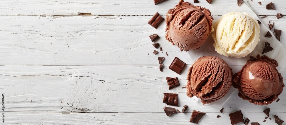 Poster top-down view of ice cream with chocolate on a white wooden surface, providing ample room around for