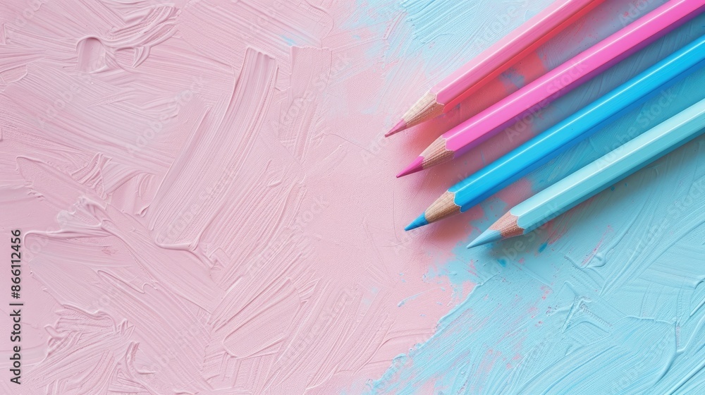 Poster pink and blue pencils on soft colored surface simplistic design overhead view with empty space