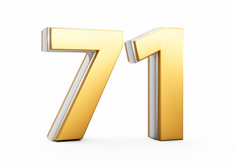 3D Golden Shiny Number 71 Seventy One With Silver Outline On White Background 3D Illustration