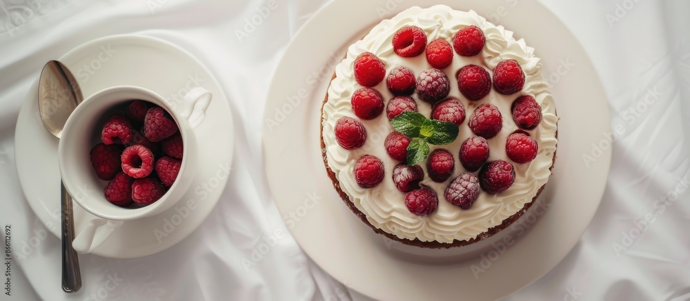 Poster a light, white cake with raspberries on top is displayed on a round plate with a cup beside it on a 