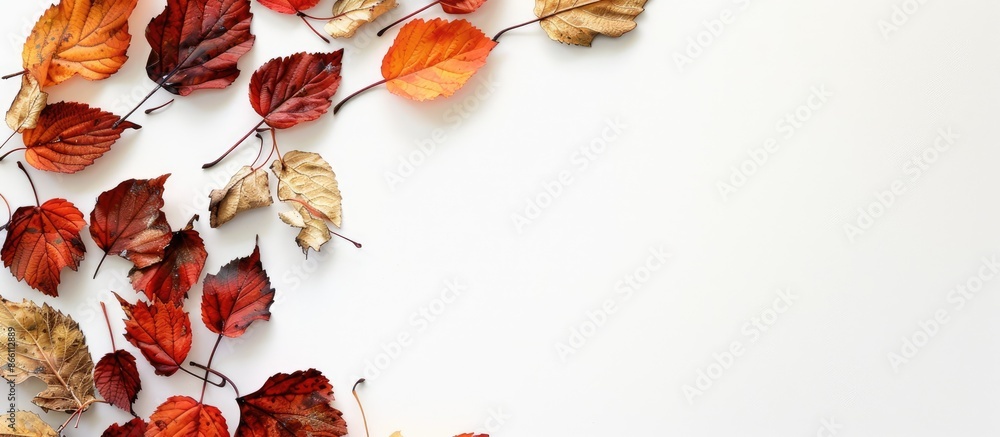 Poster autumn leaves in various stages of aging, displayed on a white backdrop in a circular formation, cre
