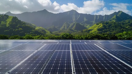 Solar panels in the foreground of lush green mountains and blue sky, representing renewable and sustainable energy sources.