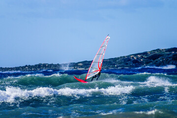 Windsurfing off the coast - modality Wave-, Es Carbo, Santanyi, migjorn,Mallorca, balearic islands, Spain