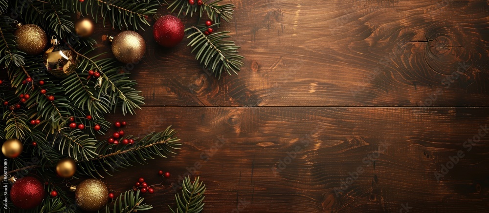 Poster a festive christmas setting with fir tree branches adorned in red and gold ornaments, presented on a