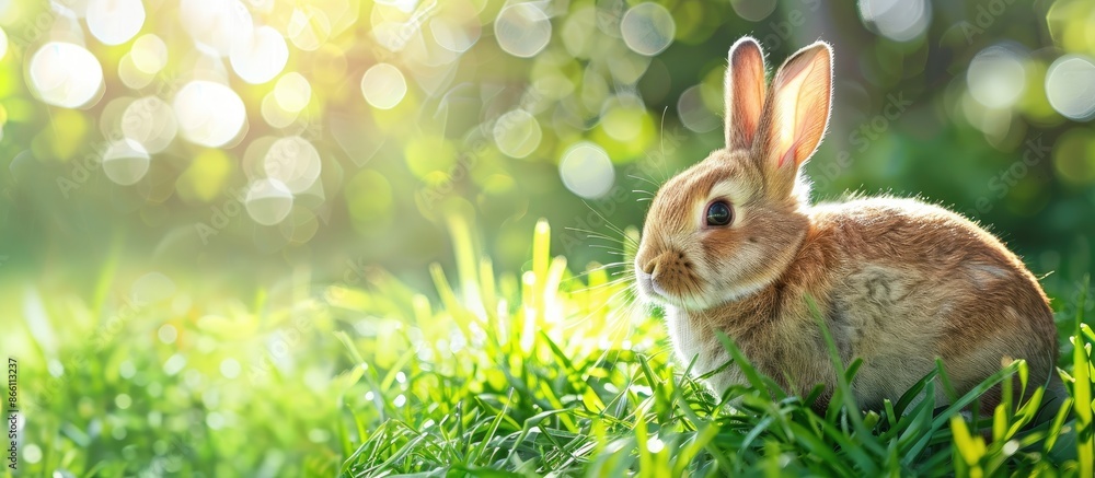 Poster adorable fluffy bunny on fresh green grass outside, with a spot for adding text in the image. copy s
