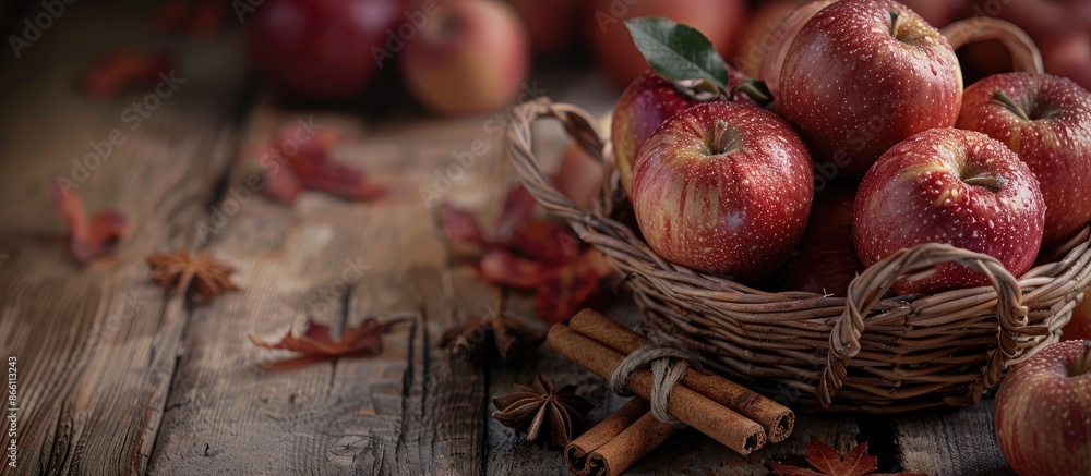 Poster a rustic autumn still life featuring red apples and cinnamon arranged in a wooden basket on a wooden