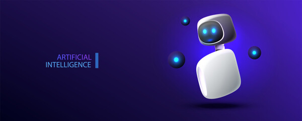 Artificial intelligence futuristic robot with neon eyes. Chat bot app technology and science design. Bot human. Ai content new generation vector.