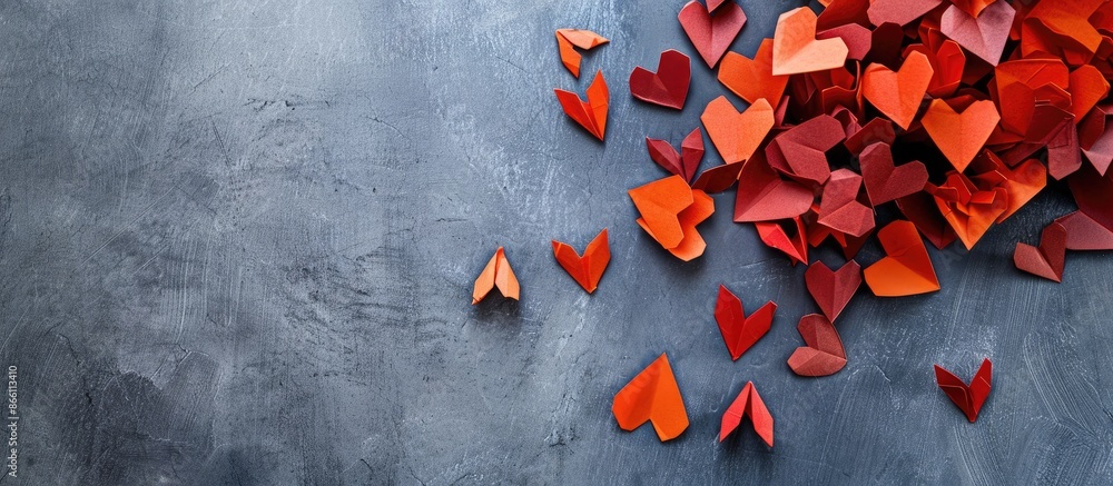 Poster heart shaped papers with arrows on grey background seen from above in a copy space image.