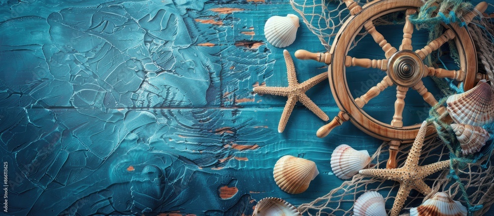 Poster nautical themed background with a captain's wheel, fishing net, sea shells, and copy space image for