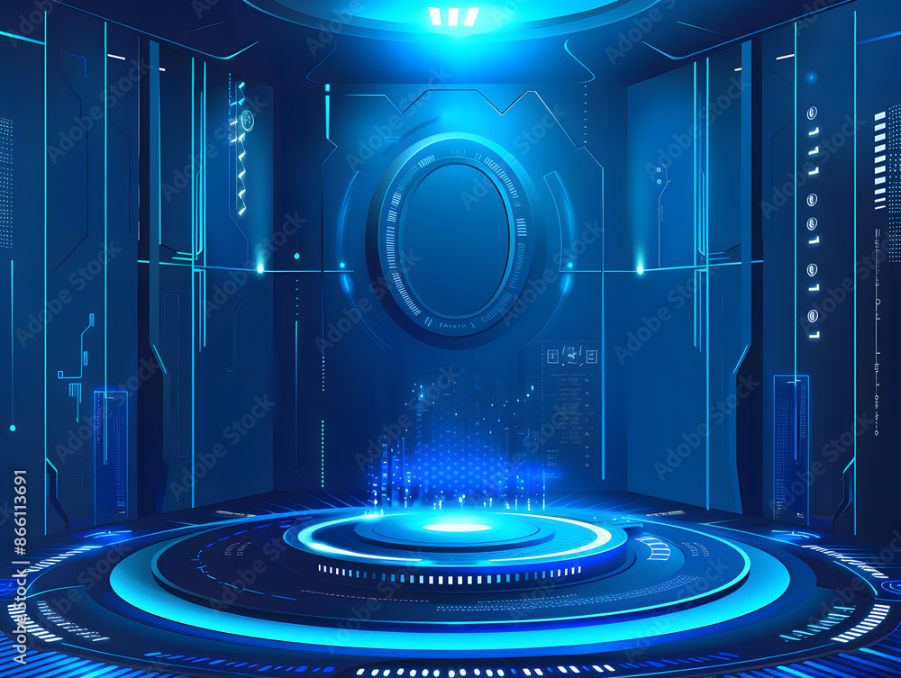 Aufkleber image of a futuristic digital technology stage with glowing blue platform for showcasing advanced te