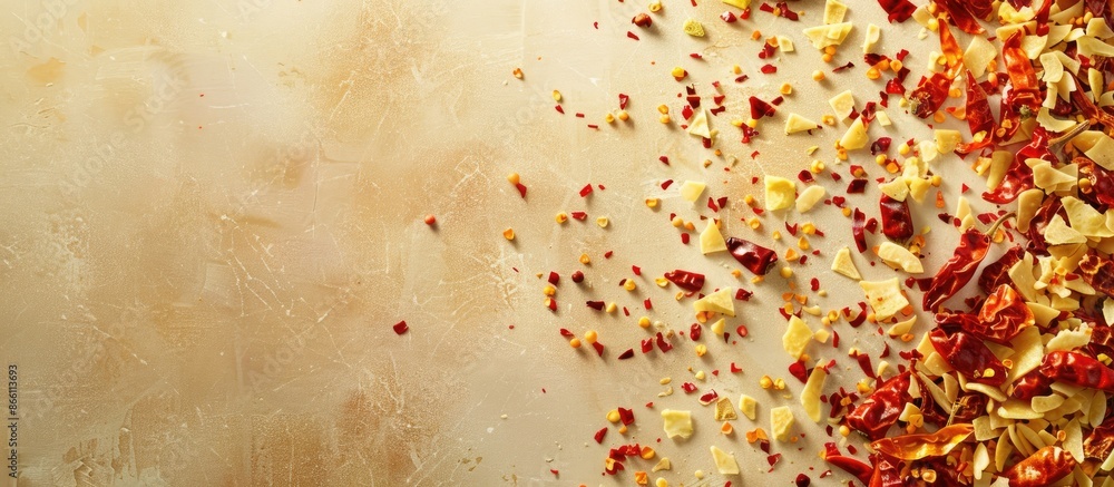 Poster close-up of chili pepper flakes and pods arranged on a light textured table with room for text in a 