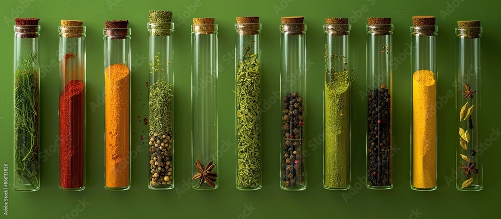 Poster test tubes filled with assorted spices on a green backdrop arranged overhead, leaving room for text 
