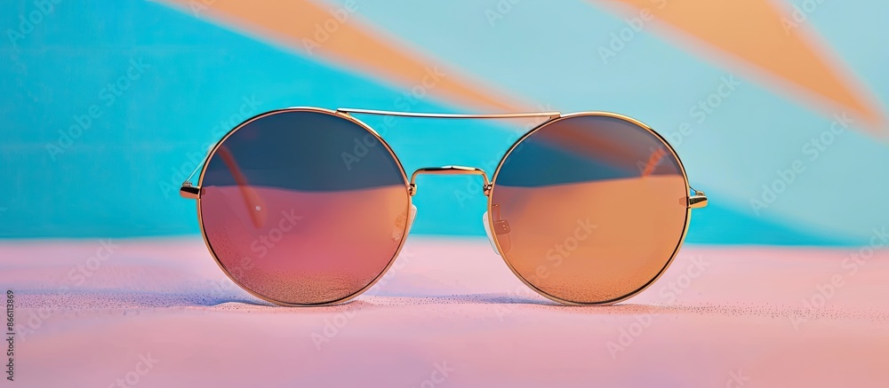 Poster circular bronze sunglasses displayed on a simplistic abstract backdrop, representing men's summer st