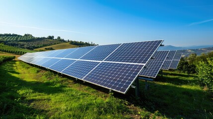 Solar panel farm generating renewable, clean energy on sunny day. Concept of sustainability, green energy, and environment.