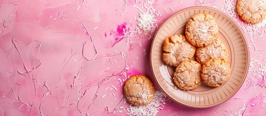 Fototapeta premium Coconut gluten-free cookies on a plate with coconut flakes on a pink textured backdrop, providing copy space for an image.