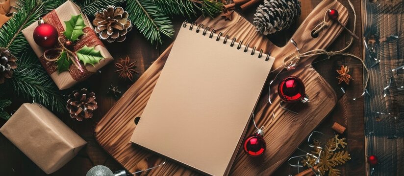 Christmas decorations surround a notebook placed on a wooden cutting board, creating a festive scene with copy space image. - Powered by Adobe