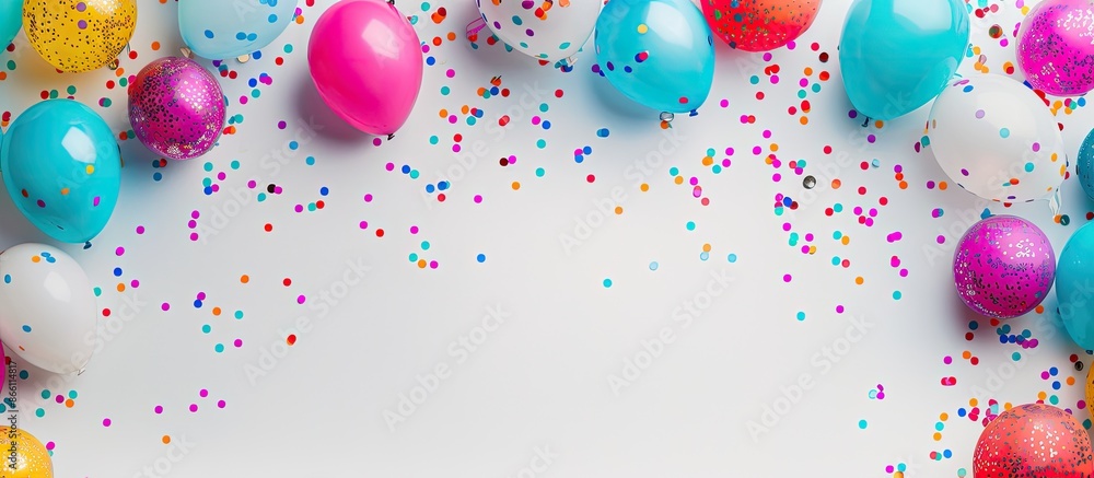 Poster a festive party theme with vibrant balloons and confetti against a white backdrop, creating a top-do