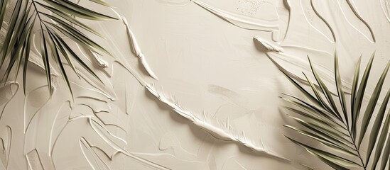 Beach-themed monochrome mockup featuring palm leaves on a beige backdrop for showcasing design elements, providing ample copy space image.