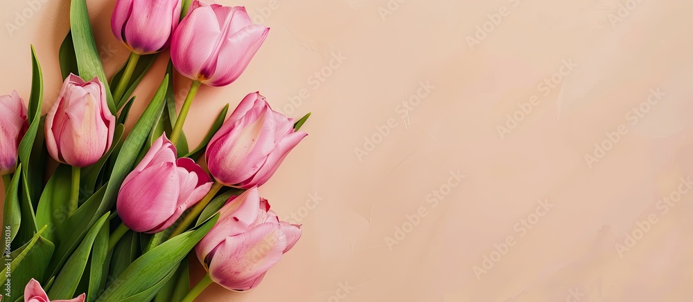 Poster pink tulip bouquet shown in a close-up on a beige backdrop with ample room for text in a copy space 