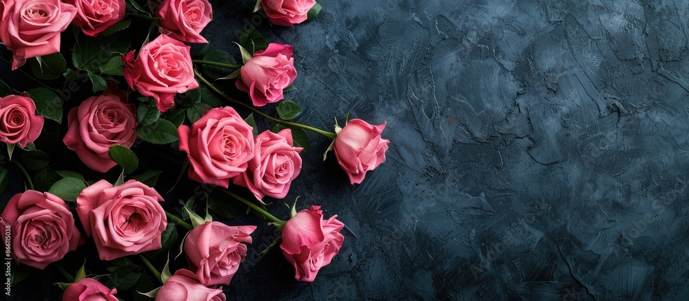 Poster top view of a stunning arrangement of pink roses against a dark backdrop with plenty of space for ad