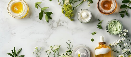 Natural ingredient-based skincare products with an eco-friendly focus, featuring creams and serums for skincare, showcased in a copy space image.