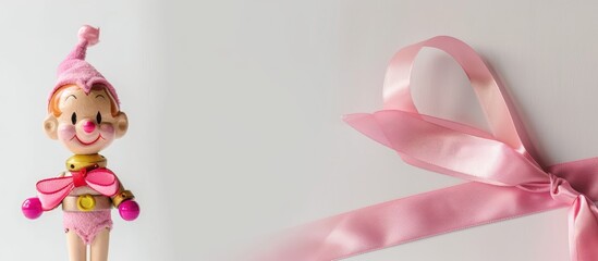 Pink Pinocchio doll adjacent to a pink ribbon on a white backdrop with ample copy space image.