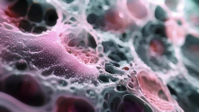 A closeup of fibroblasts encapsulating and protecting vessels in connective tissue with multiple layers of collagen fibers surrounding them.