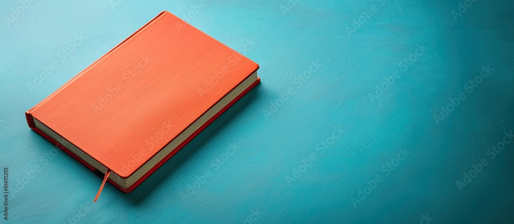 Poster an orange hardcover notebook placed diagonally on a light blue backdrop, providing an area for text 