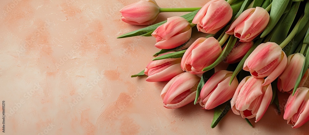 Aufkleber pink tulip bouquet shown in a close-up on a beige backdrop with ample room for text in a copy space 
